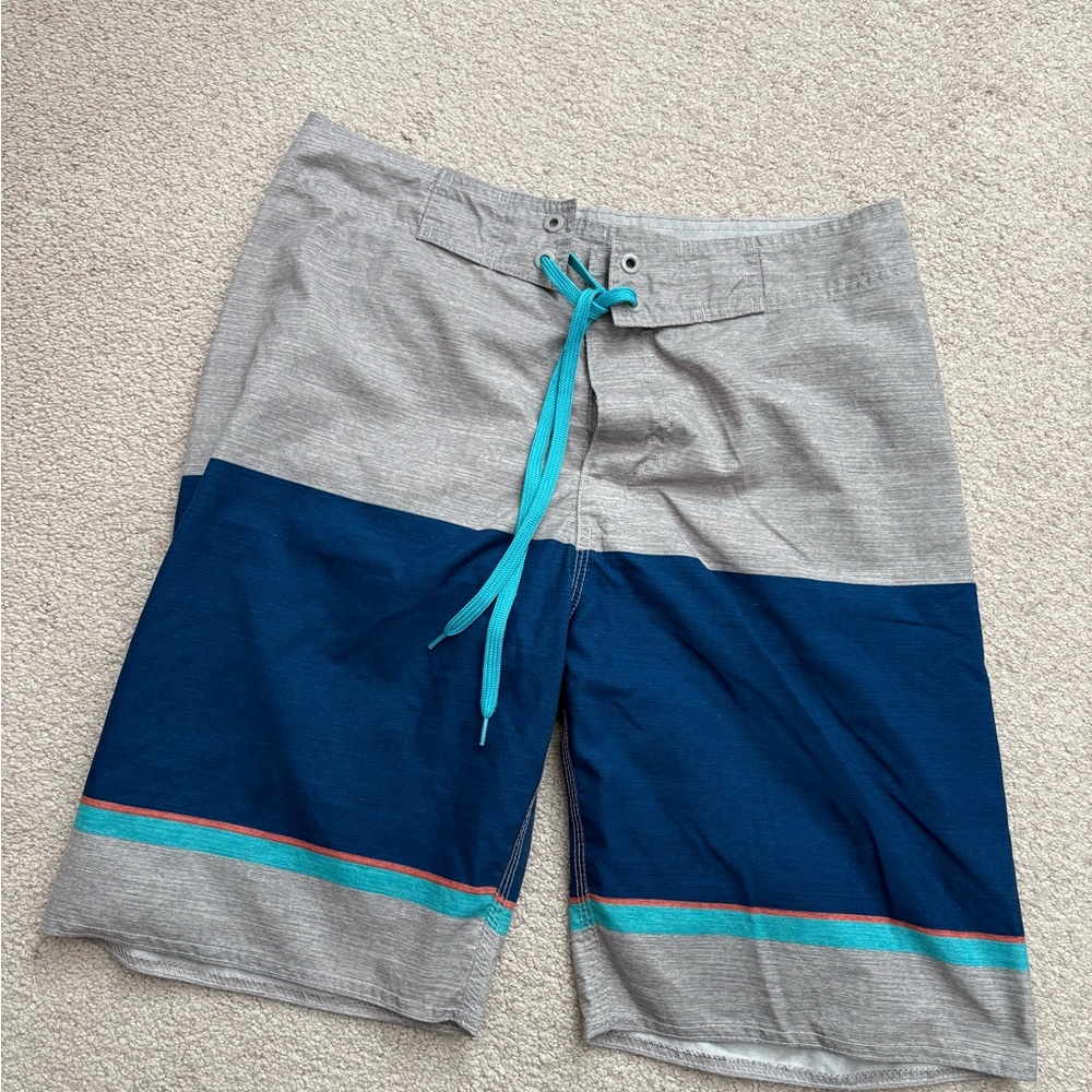 Old Navy Gray & Navy Colorblock Swim Board Shorts with Teal Drawstring